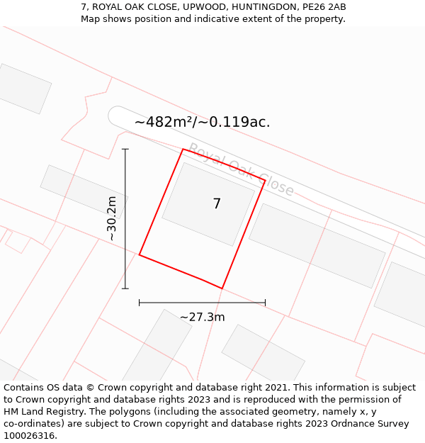 7, ROYAL OAK CLOSE, UPWOOD, HUNTINGDON, PE26 2AB: Plot and title map