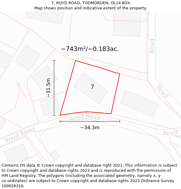 7, ROYD ROAD, TODMORDEN, OL14 8DX: Plot and title map