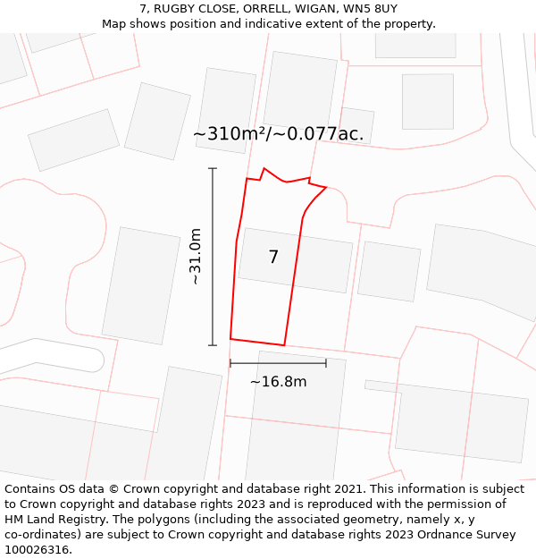 7, RUGBY CLOSE, ORRELL, WIGAN, WN5 8UY: Plot and title map