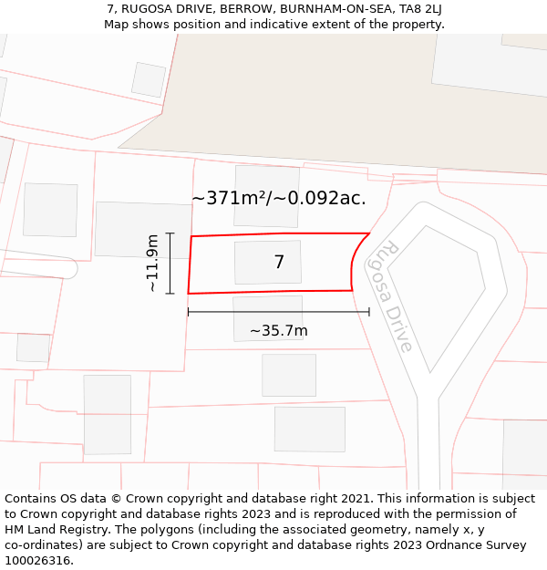 7, RUGOSA DRIVE, BERROW, BURNHAM-ON-SEA, TA8 2LJ: Plot and title map