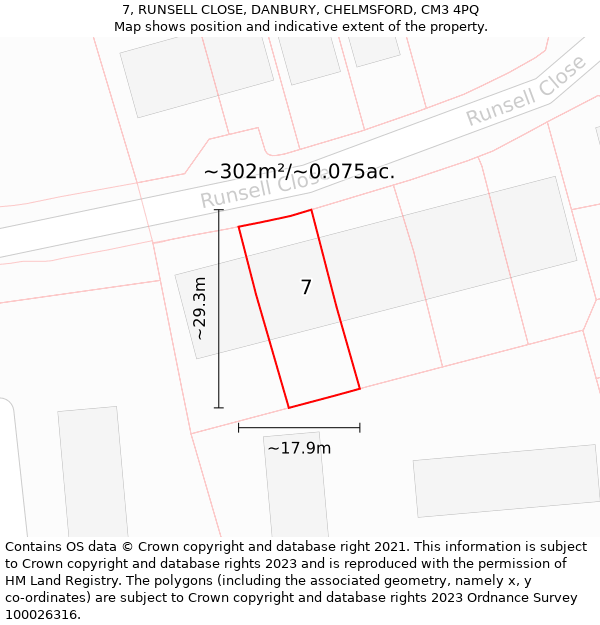 7, RUNSELL CLOSE, DANBURY, CHELMSFORD, CM3 4PQ: Plot and title map