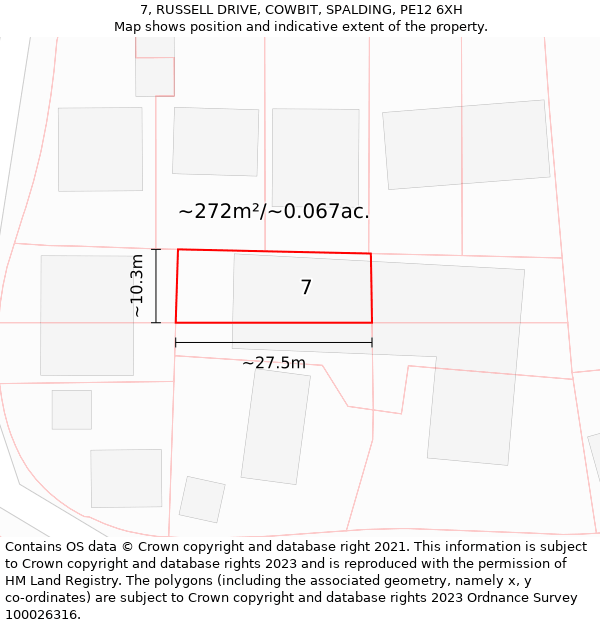 7, RUSSELL DRIVE, COWBIT, SPALDING, PE12 6XH: Plot and title map