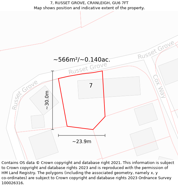 7, RUSSET GROVE, CRANLEIGH, GU6 7FT: Plot and title map