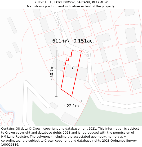 7, RYE HILL, LATCHBROOK, SALTASH, PL12 4UW: Plot and title map