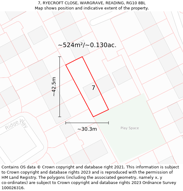 7, RYECROFT CLOSE, WARGRAVE, READING, RG10 8BL: Plot and title map