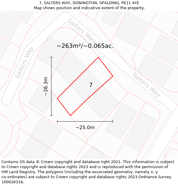 7, SALTERS WAY, DONINGTON, SPALDING, PE11 4YE: Plot and title map