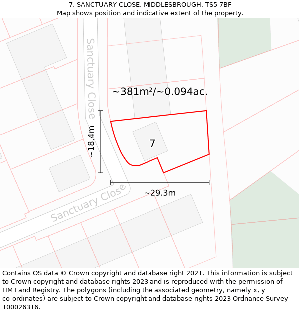 7, SANCTUARY CLOSE, MIDDLESBROUGH, TS5 7BF: Plot and title map