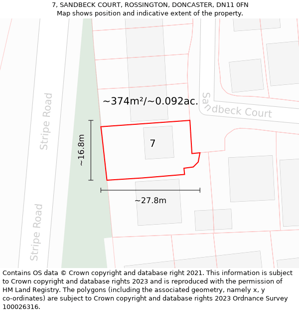 7, SANDBECK COURT, ROSSINGTON, DONCASTER, DN11 0FN: Plot and title map