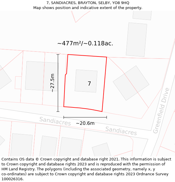 7, SANDIACRES, BRAYTON, SELBY, YO8 9HQ: Plot and title map