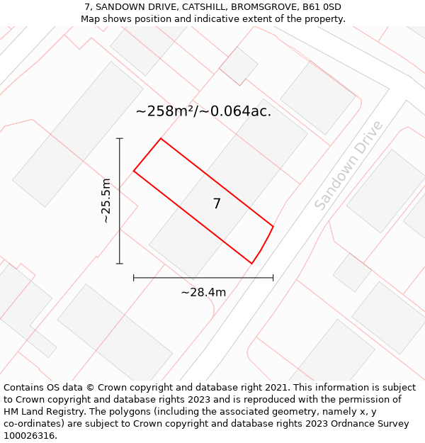 7, SANDOWN DRIVE, CATSHILL, BROMSGROVE, B61 0SD: Plot and title map