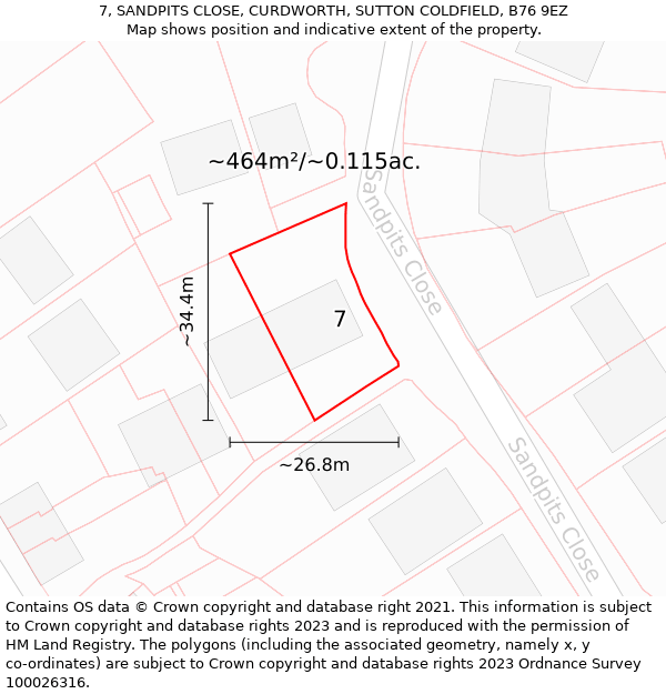 7, SANDPITS CLOSE, CURDWORTH, SUTTON COLDFIELD, B76 9EZ: Plot and title map