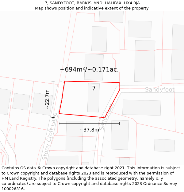 7, SANDYFOOT, BARKISLAND, HALIFAX, HX4 0JA: Plot and title map