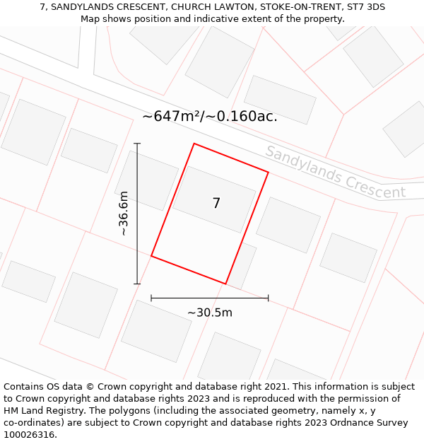 7, SANDYLANDS CRESCENT, CHURCH LAWTON, STOKE-ON-TRENT, ST7 3DS: Plot and title map