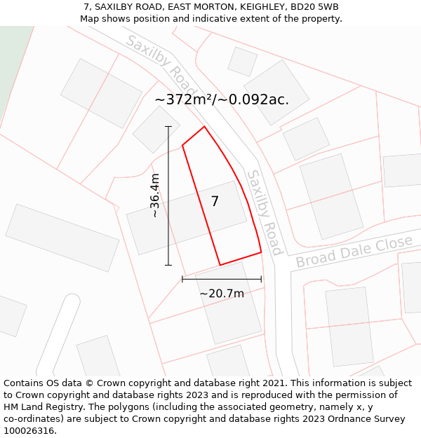 7, SAXILBY ROAD, EAST MORTON, KEIGHLEY, BD20 5WB: Plot and title map