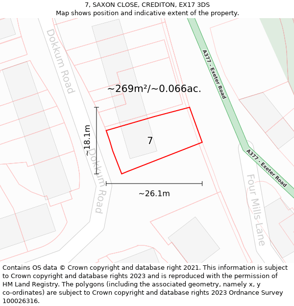 7, SAXON CLOSE, CREDITON, EX17 3DS: Plot and title map