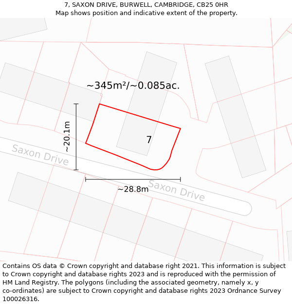 7, SAXON DRIVE, BURWELL, CAMBRIDGE, CB25 0HR: Plot and title map