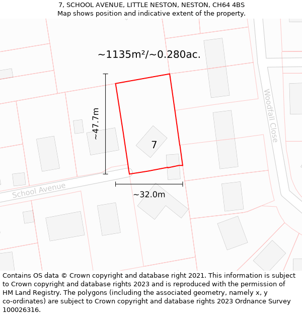 7, SCHOOL AVENUE, LITTLE NESTON, NESTON, CH64 4BS: Plot and title map