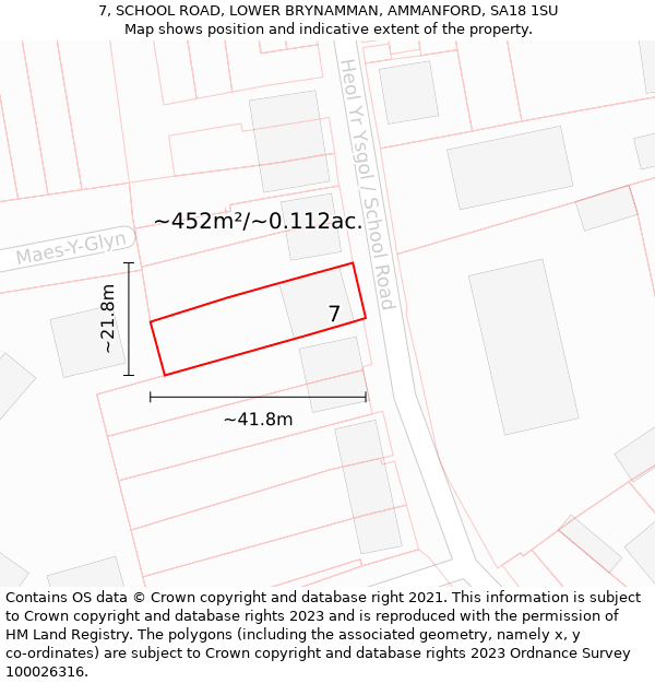 7, SCHOOL ROAD, LOWER BRYNAMMAN, AMMANFORD, SA18 1SU: Plot and title map