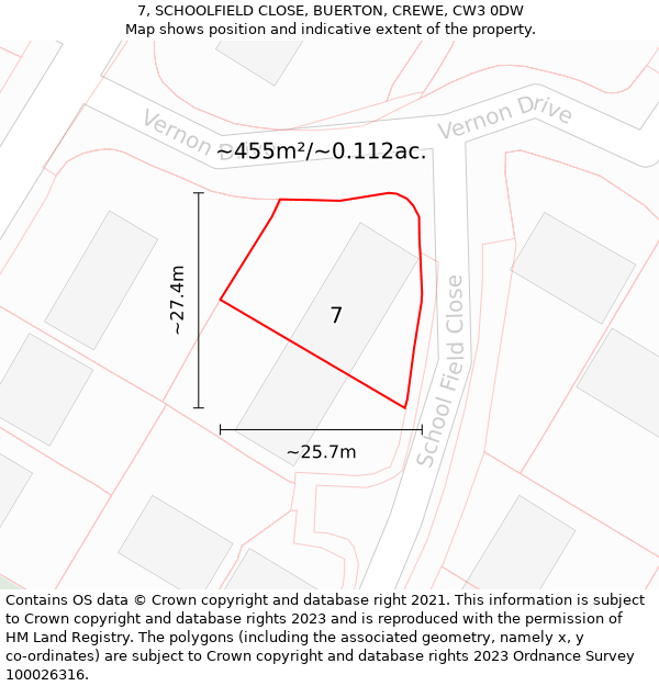 7, SCHOOLFIELD CLOSE, BUERTON, CREWE, CW3 0DW: Plot and title map