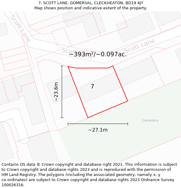 7, SCOTT LANE, GOMERSAL, CLECKHEATON, BD19 4JY: Plot and title map