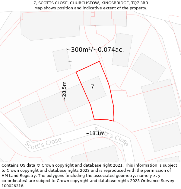 7, SCOTTS CLOSE, CHURCHSTOW, KINGSBRIDGE, TQ7 3RB: Plot and title map