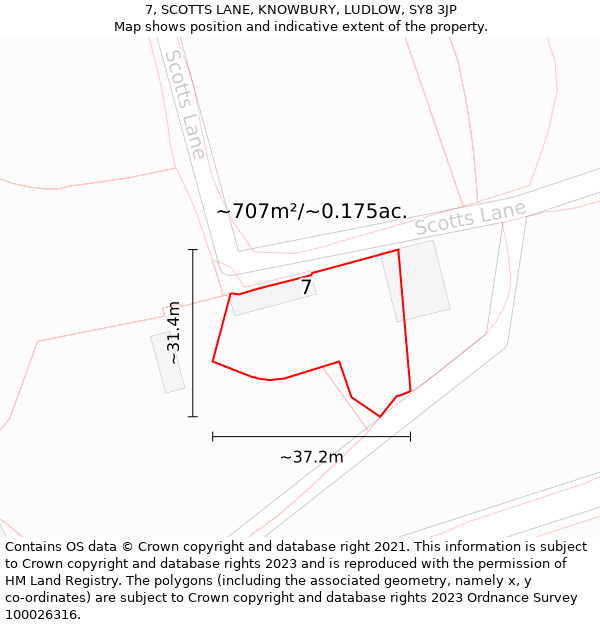 7, SCOTTS LANE, KNOWBURY, LUDLOW, SY8 3JP: Plot and title map