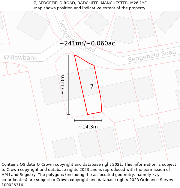 7, SEDGEFIELD ROAD, RADCLIFFE, MANCHESTER, M26 1YE: Plot and title map