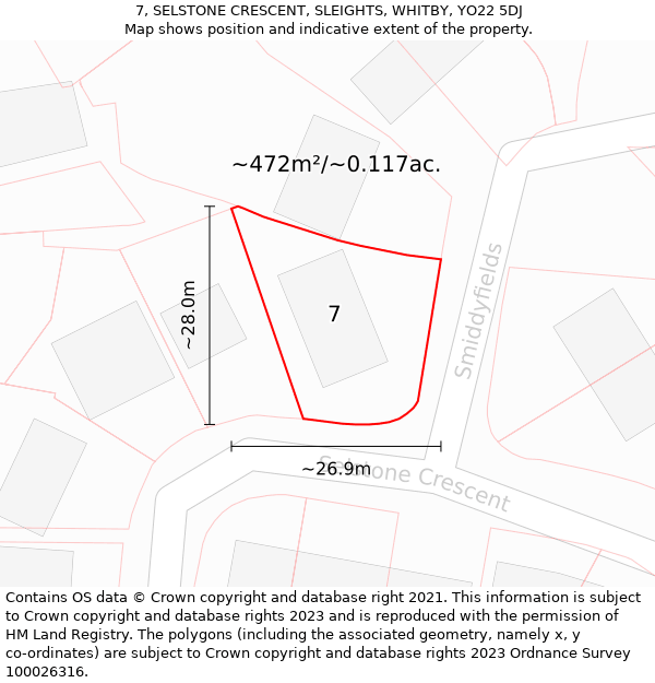 7, SELSTONE CRESCENT, SLEIGHTS, WHITBY, YO22 5DJ: Plot and title map