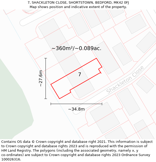 7, SHACKLETON CLOSE, SHORTSTOWN, BEDFORD, MK42 0FJ: Plot and title map