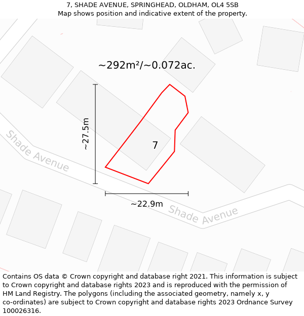 7, SHADE AVENUE, SPRINGHEAD, OLDHAM, OL4 5SB: Plot and title map