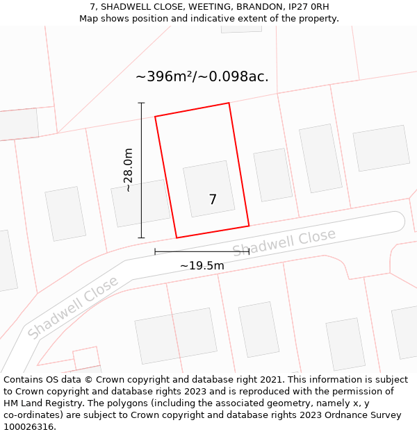 7, SHADWELL CLOSE, WEETING, BRANDON, IP27 0RH: Plot and title map