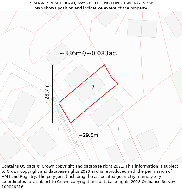 7, SHAKESPEARE ROAD, AWSWORTH, NOTTINGHAM, NG16 2SR: Plot and title map