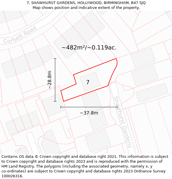 7, SHAWHURST GARDENS, HOLLYWOOD, BIRMINGHAM, B47 5JQ: Plot and title map