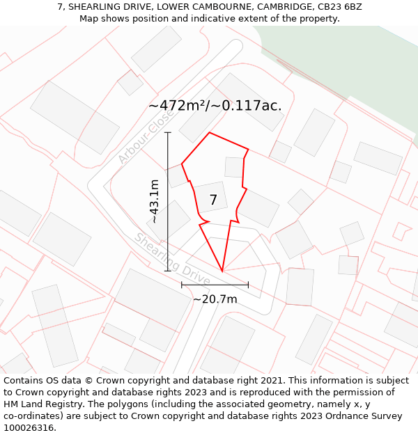 7, SHEARLING DRIVE, LOWER CAMBOURNE, CAMBRIDGE, CB23 6BZ: Plot and title map