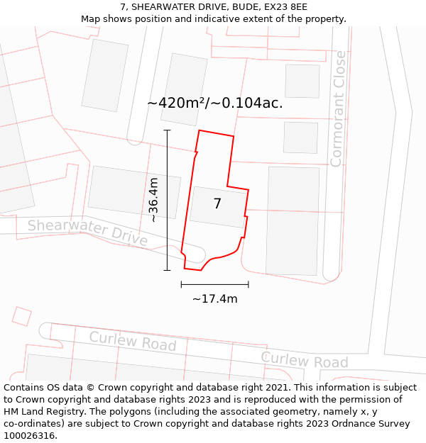 7, SHEARWATER DRIVE, BUDE, EX23 8EE: Plot and title map
