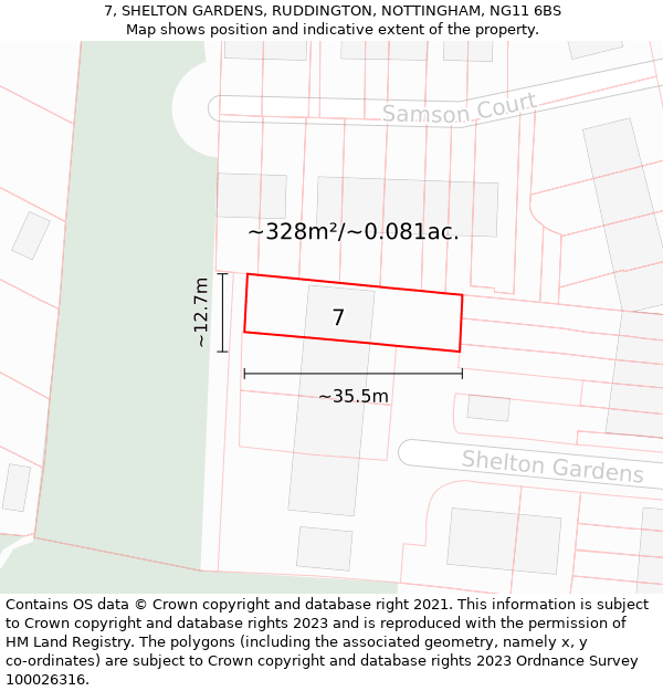 7, SHELTON GARDENS, RUDDINGTON, NOTTINGHAM, NG11 6BS: Plot and title map