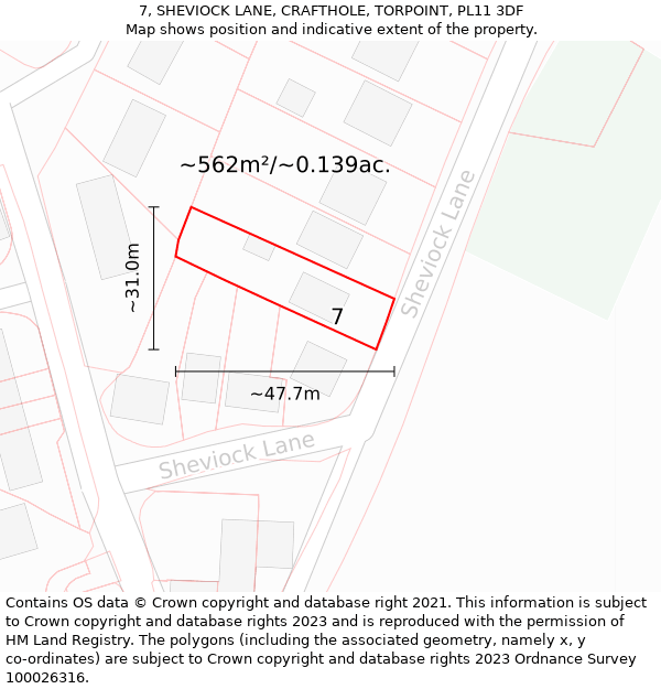 7, SHEVIOCK LANE, CRAFTHOLE, TORPOINT, PL11 3DF: Plot and title map