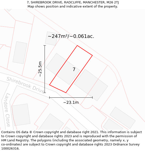 7, SHIREBROOK DRIVE, RADCLIFFE, MANCHESTER, M26 2TJ: Plot and title map