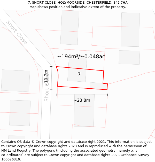 7, SHORT CLOSE, HOLYMOORSIDE, CHESTERFIELD, S42 7HA: Plot and title map