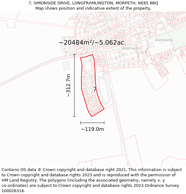 7, SIMONSIDE DRIVE, LONGFRAMLINGTON, MORPETH, NE65 8BQ: Plot and title map