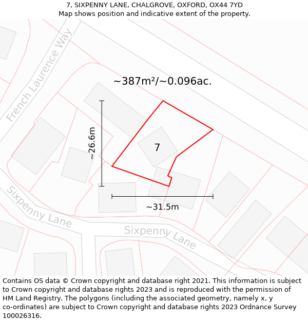 7, SIXPENNY LANE, CHALGROVE, OXFORD, OX44 7YD: Plot and title map