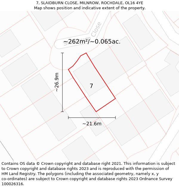 7, SLAIDBURN CLOSE, MILNROW, ROCHDALE, OL16 4YE: Plot and title map