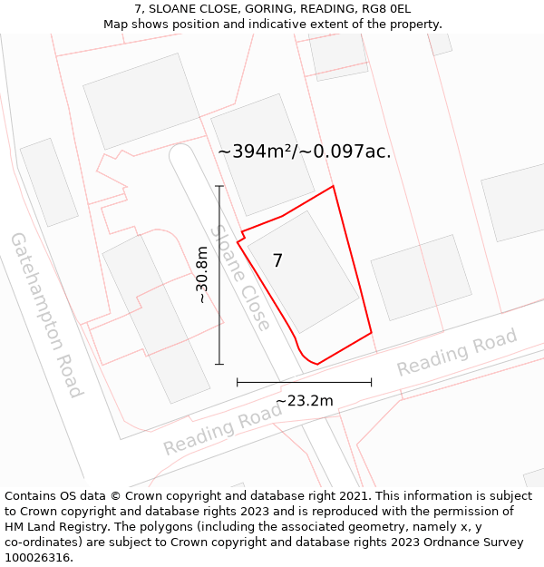 7, SLOANE CLOSE, GORING, READING, RG8 0EL: Plot and title map