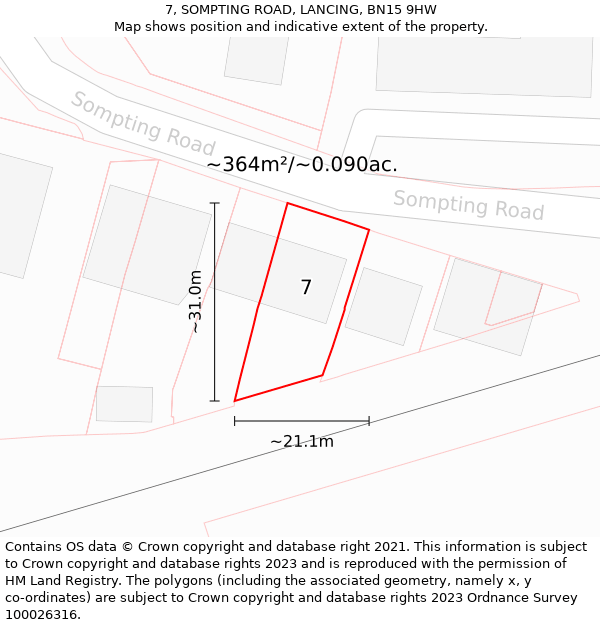 7, SOMPTING ROAD, LANCING, BN15 9HW: Plot and title map