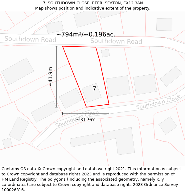 7, SOUTHDOWN CLOSE, BEER, SEATON, EX12 3AN: Plot and title map