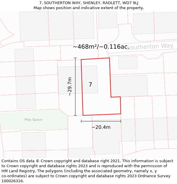 7, SOUTHERTON WAY, SHENLEY, RADLETT, WD7 9LJ: Plot and title map