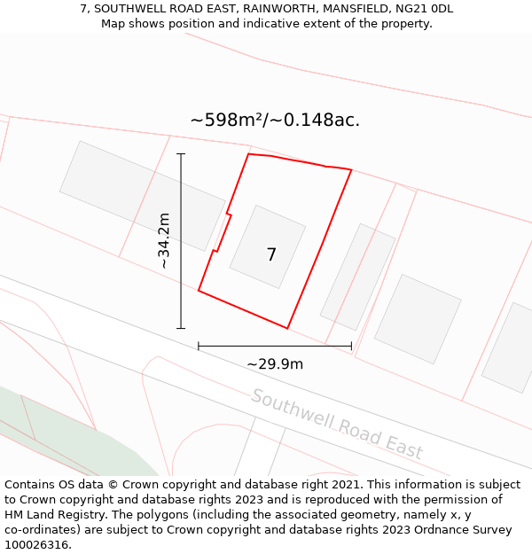 7, SOUTHWELL ROAD EAST, RAINWORTH, MANSFIELD, NG21 0DL: Plot and title map