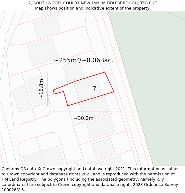 7, SOUTHWOOD, COULBY NEWHAM, MIDDLESBROUGH, TS8 0UE: Plot and title map