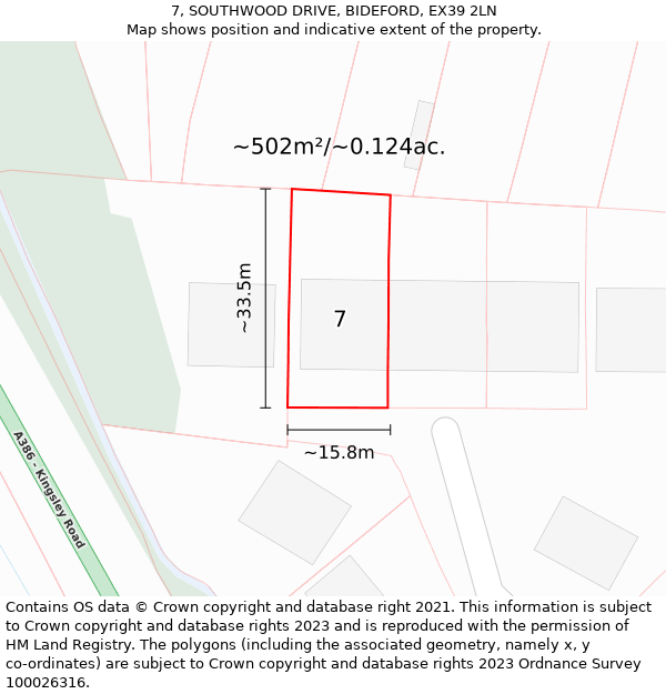 7, SOUTHWOOD DRIVE, BIDEFORD, EX39 2LN: Plot and title map