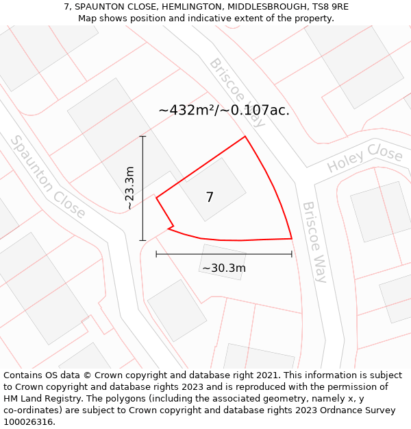 7, SPAUNTON CLOSE, HEMLINGTON, MIDDLESBROUGH, TS8 9RE: Plot and title map